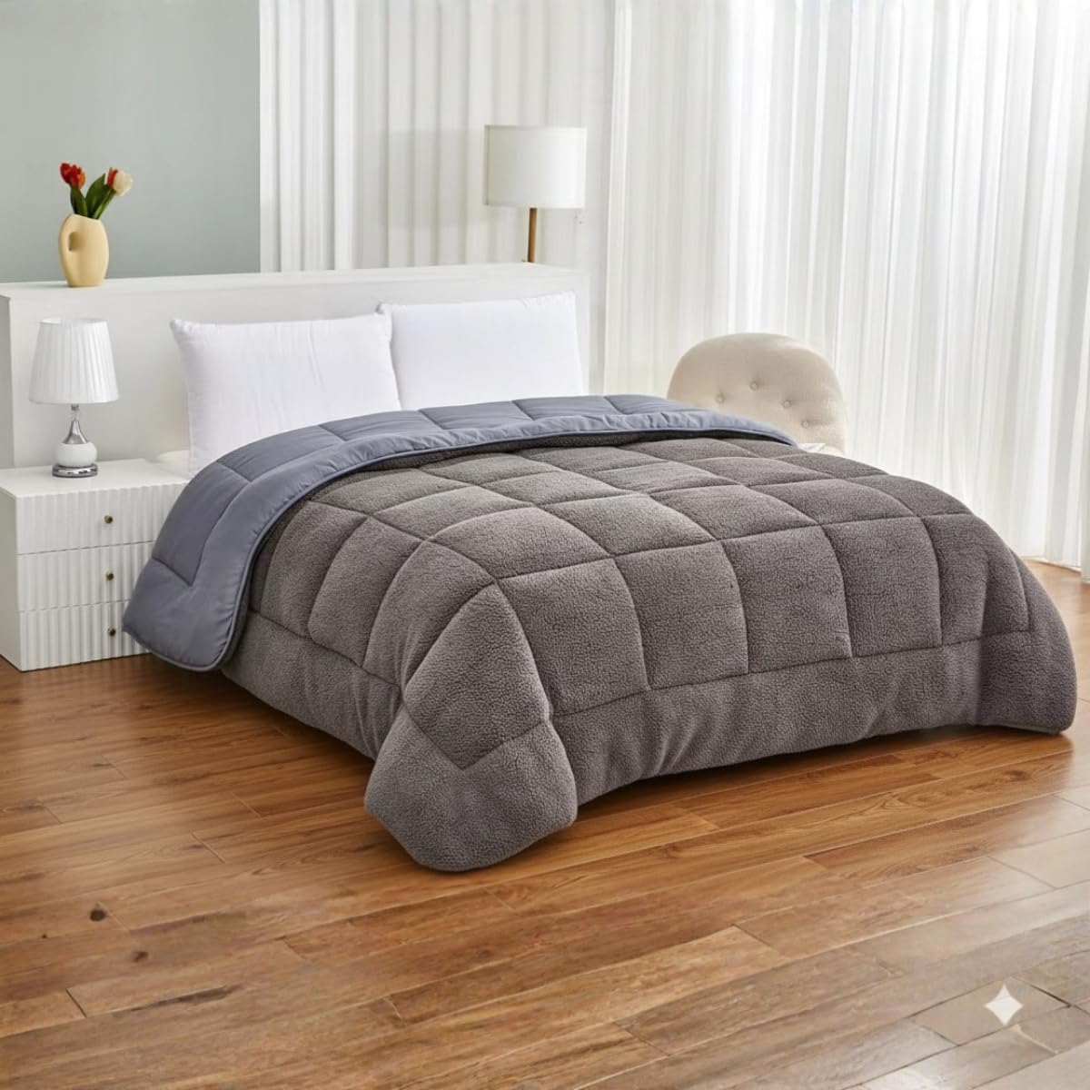 Edredón Sherpa Reversible Efecto Borreguito y Microfibra, Gris, 522 g/m², Ligero y Cálido, con Bolsa de Almacenaje (Individual Extragrande 200 x 270)