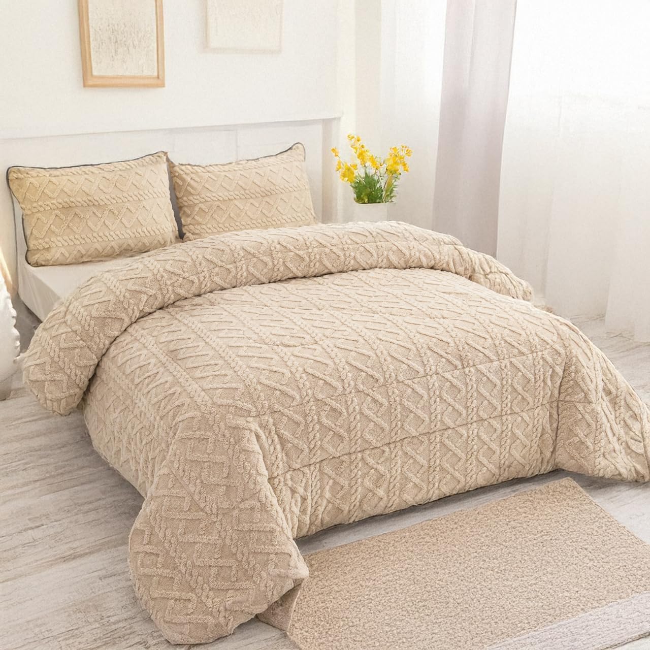 Edredón Borrego para Invierno 240x260cm de Cama 135/150 con 2 Funda Almohada - Edredón Sherpa Extra Suave, Cálido, Gruesa - Geométrica Beig